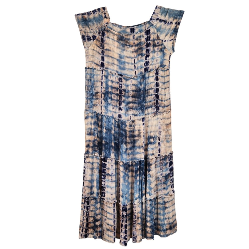 Natural Life Size SmalI Tie Dye Dress Cap Sleeve Casual Midi Tunic Boho Blue‎